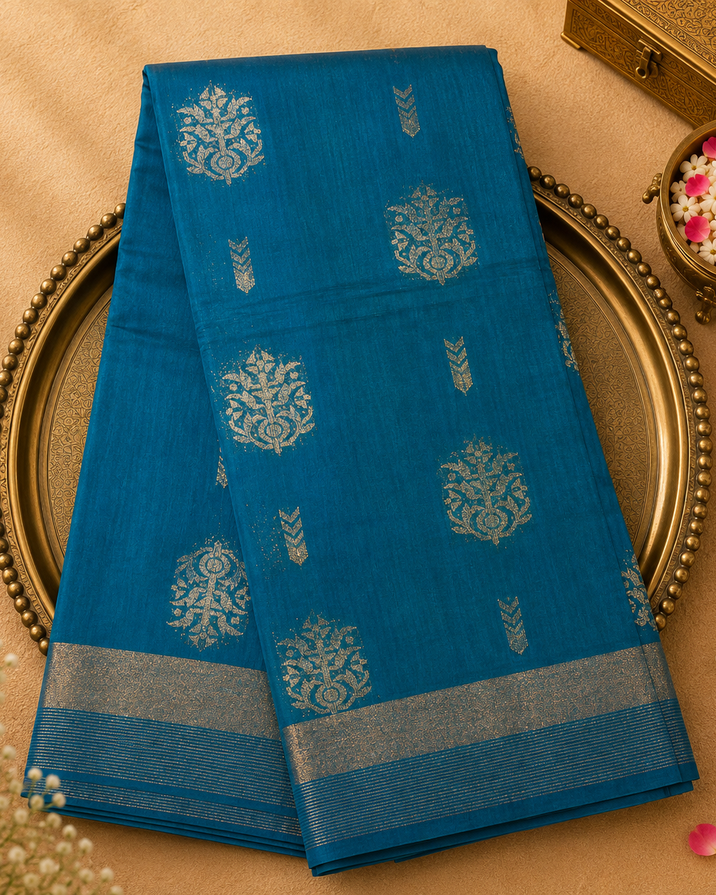 Peacock Blue Pure Silk Cotton Saree with Gold Zari Motifs