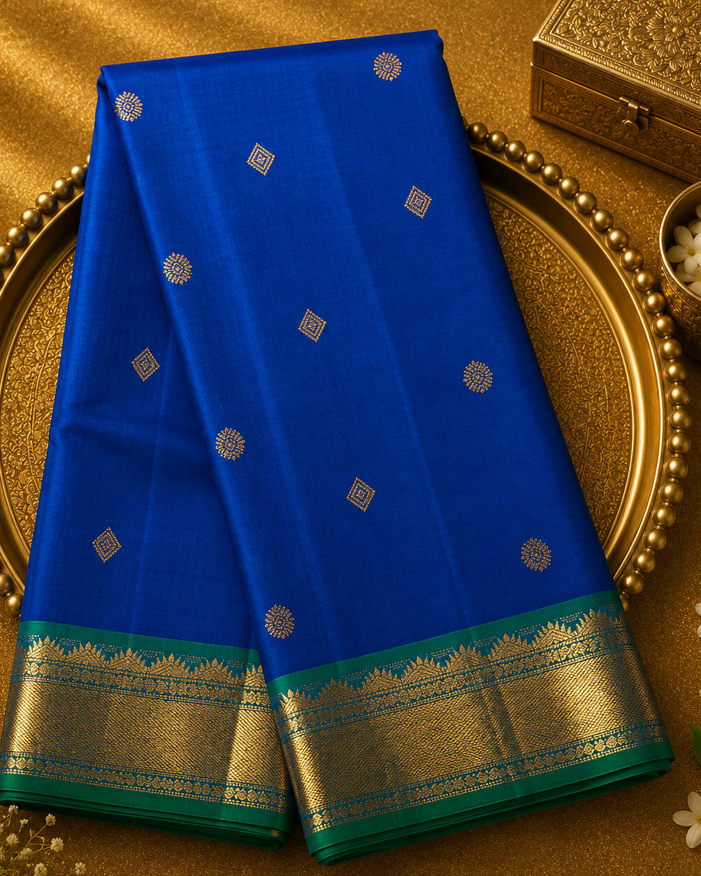 Ink Blue Kanjeevaram Silk Saree with Zari Buttas, Green-Gold Border & Blouse