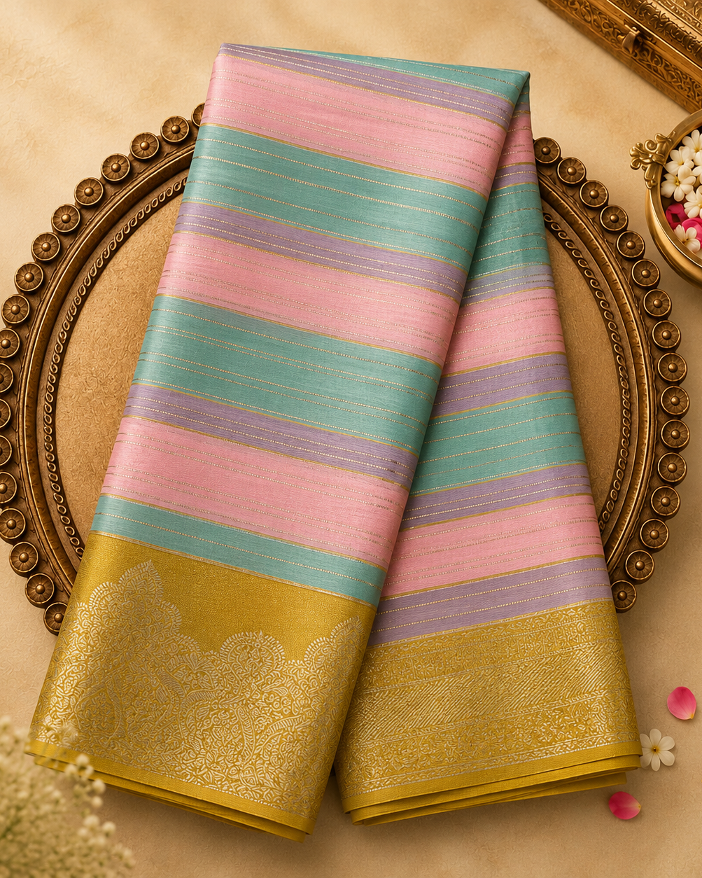 Teal-Pink-Lavender Striped Silk Saree with Silver Zari & Yellow Border