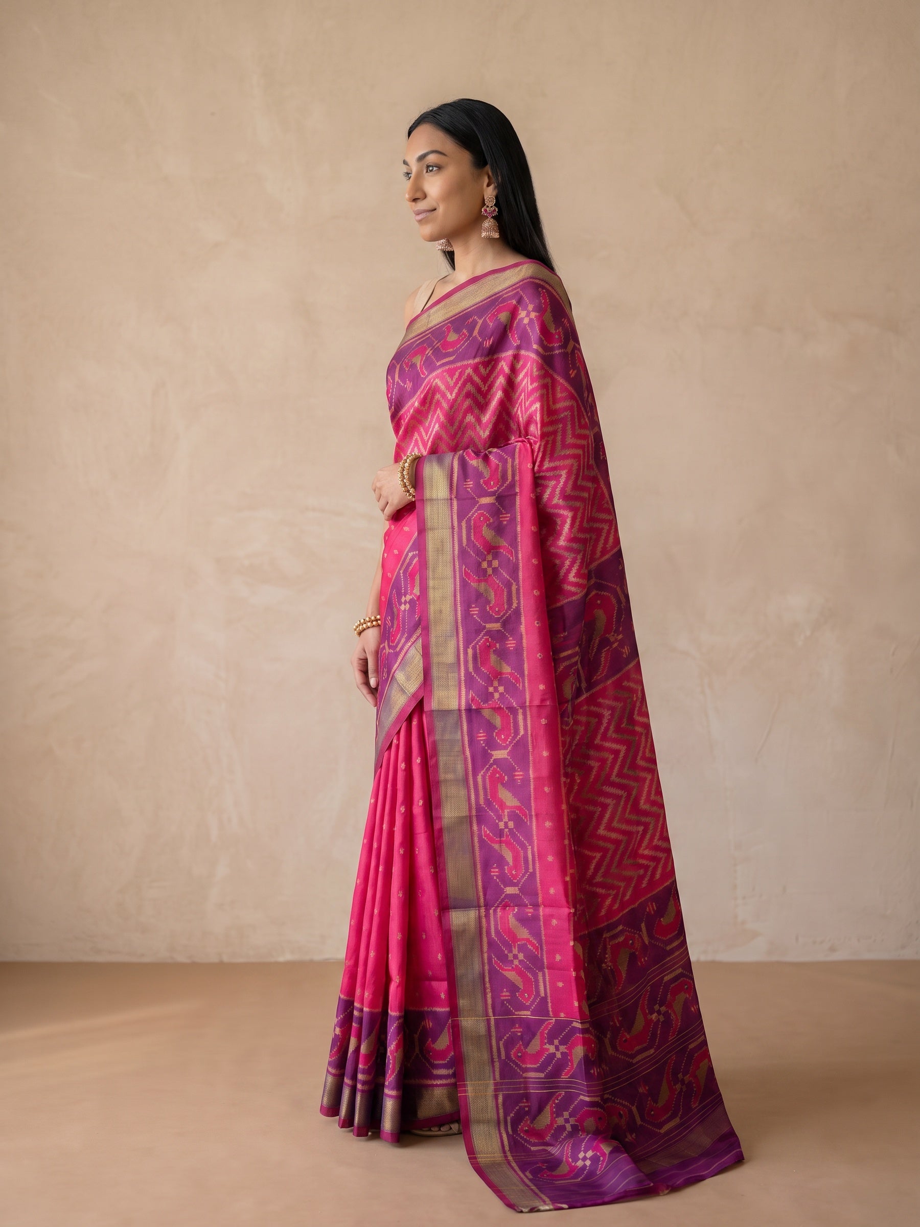 Pink & Purple Patola Silk Saree - side profile