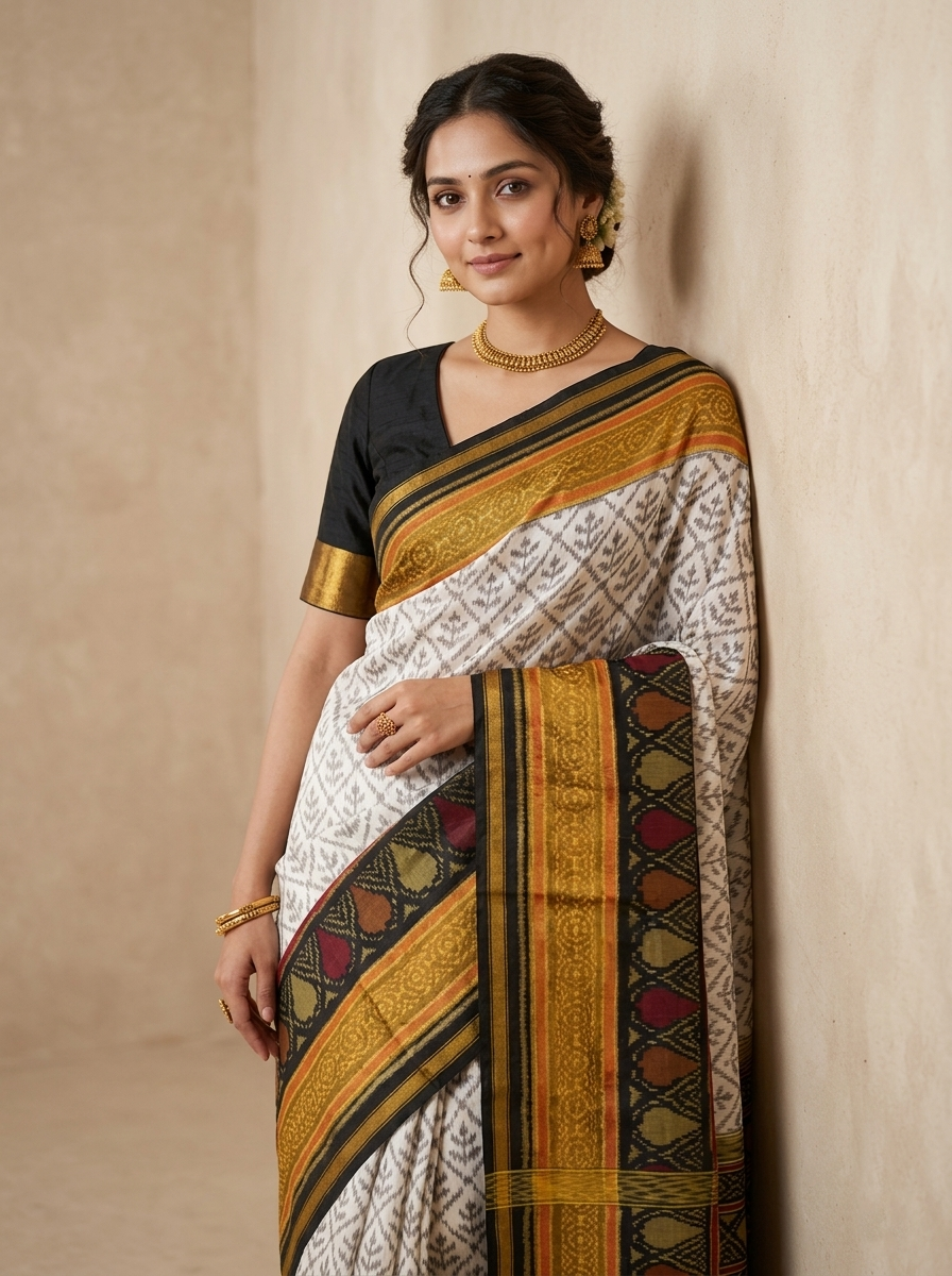 White Ikat Silk Saree - portrait