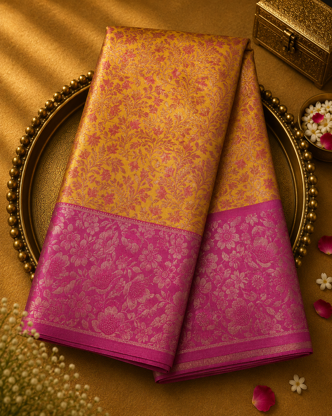 Mustard Yellow Pure Kanjeevaram Silk Saree with Pink Zari Florals & Pink-Gold Border