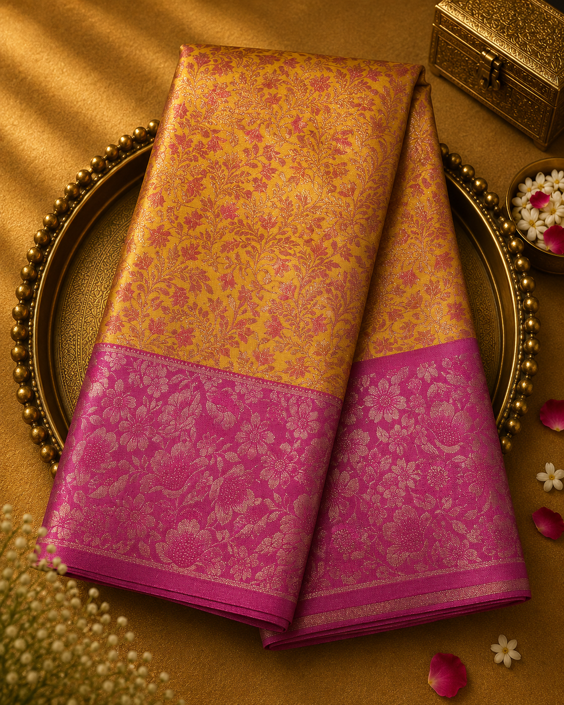 Mustard Yellow Pure Kanjeevaram Silk Saree with Pink Zari Florals & Pink-Gold Border