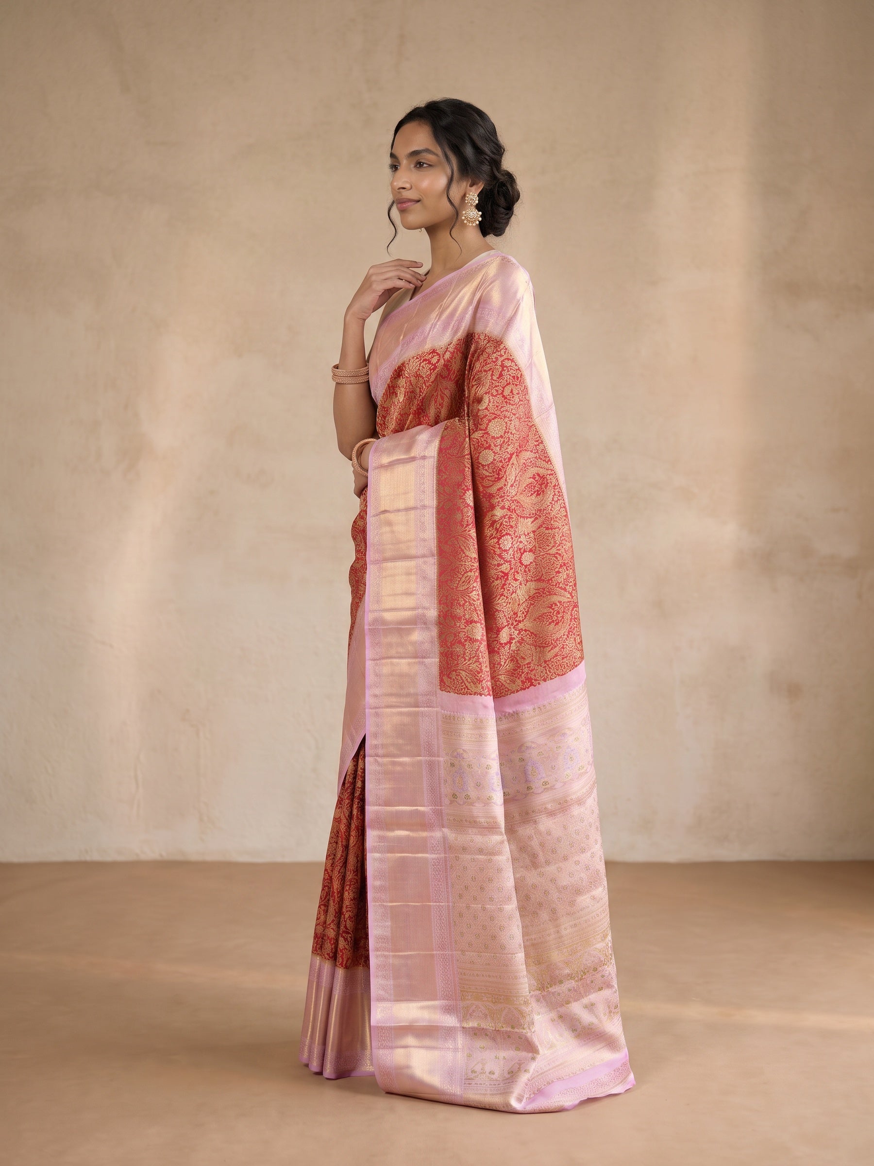 Red Pure Kanjivaram Silk Saree - side standing