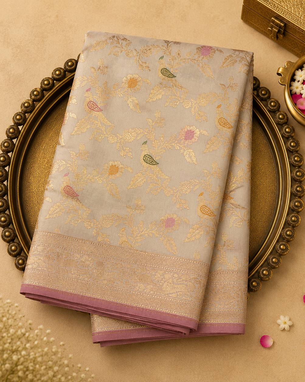 Half White Banarasi Silk Saree with Gold Zari Work & Gold Border