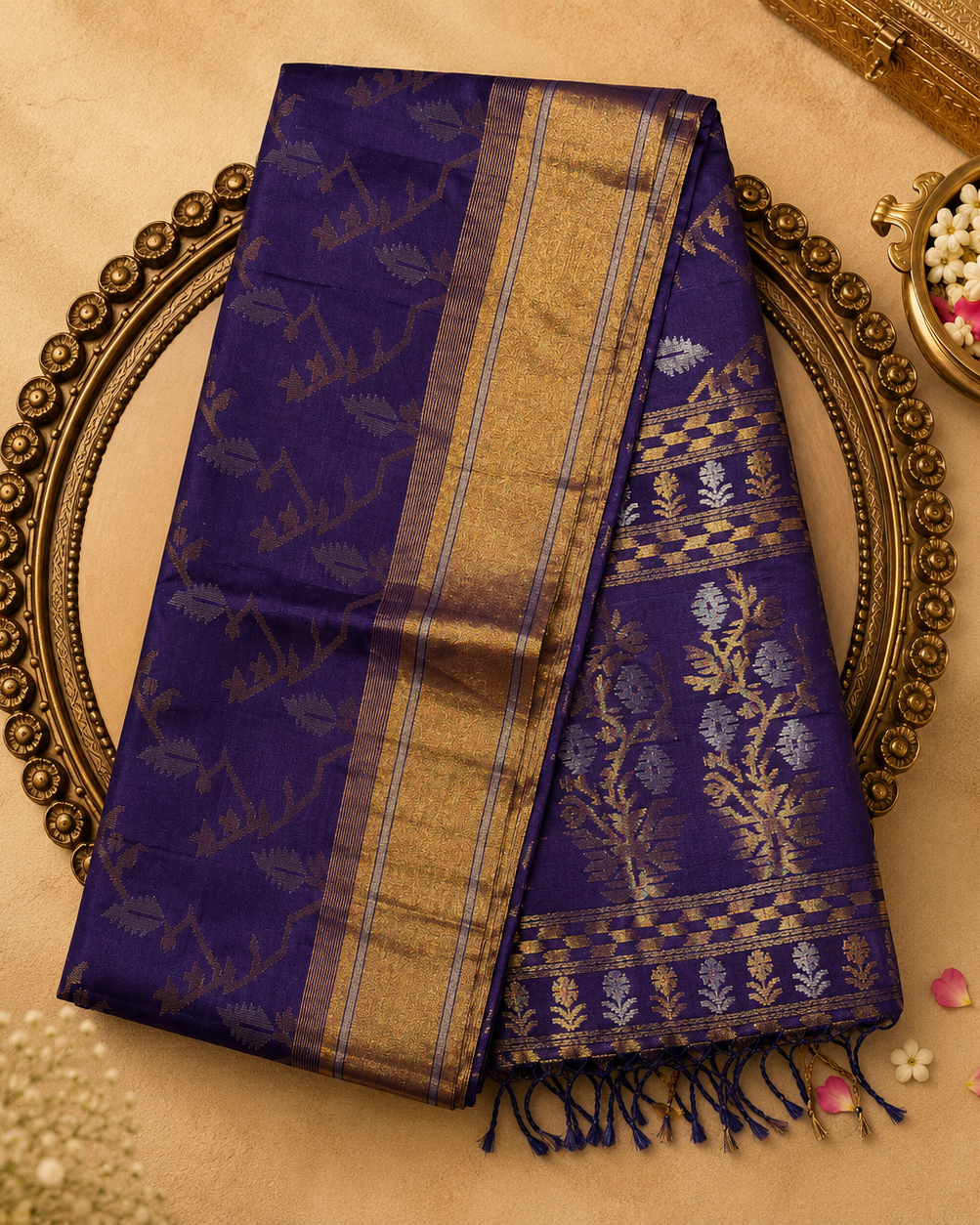 Dark Purple Pure Silk Saree with Gold Zari Weave, Gold Border & Purple Blouse