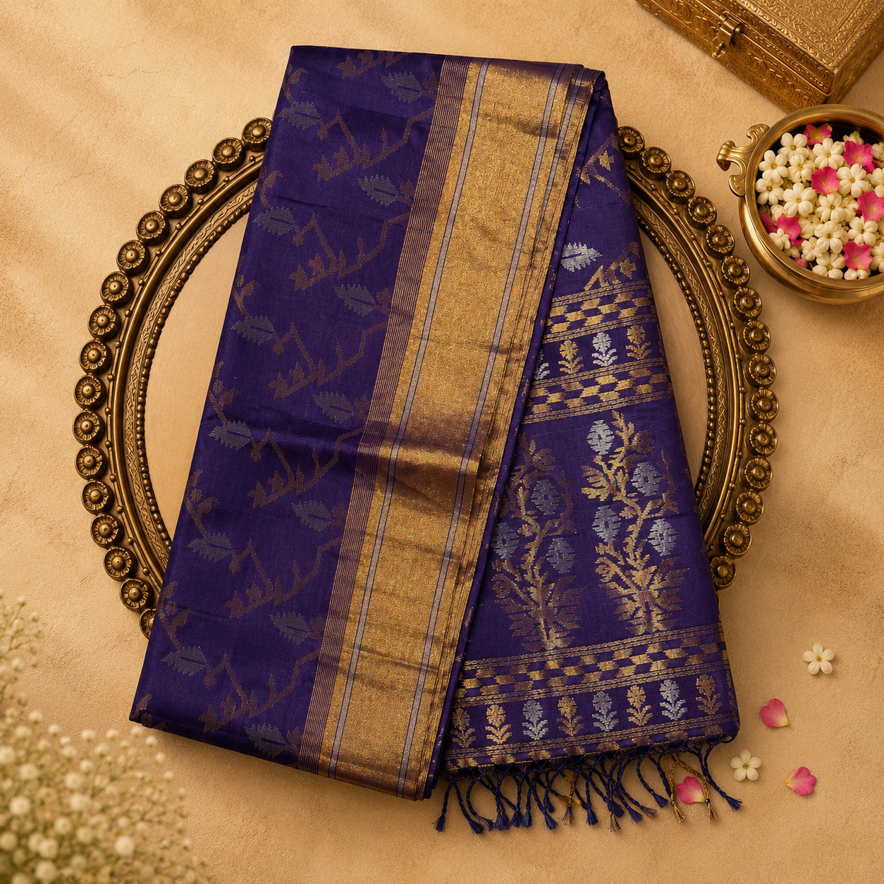 Dark Purple Pure Silk Saree with Gold Zari Weave, Gold Border & Purple Blouse