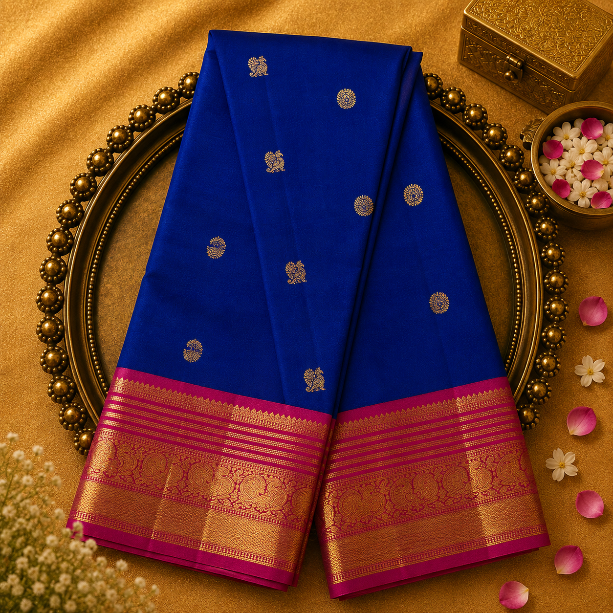 Royal Blue Kanjeevaram Silk Saree with Gold Zari Motifs & Pink-Gold Border