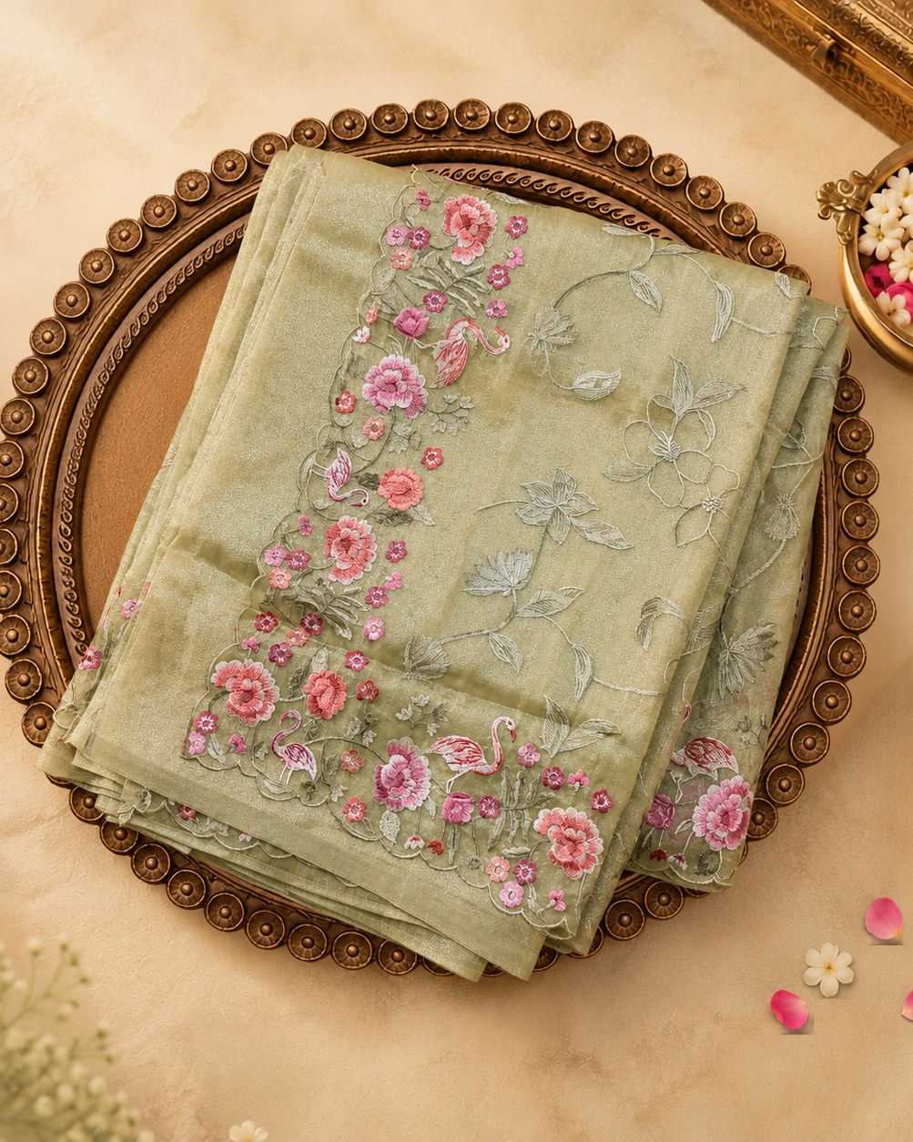 Light Green Organza Saree with Pink Floral Embroidery Border