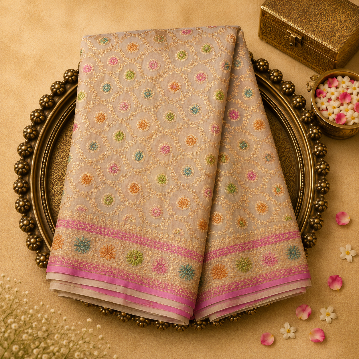 Cream Banarasi Georgette Silk Saree with Floral Brocade, Baby Pink Border & Pink Blouse