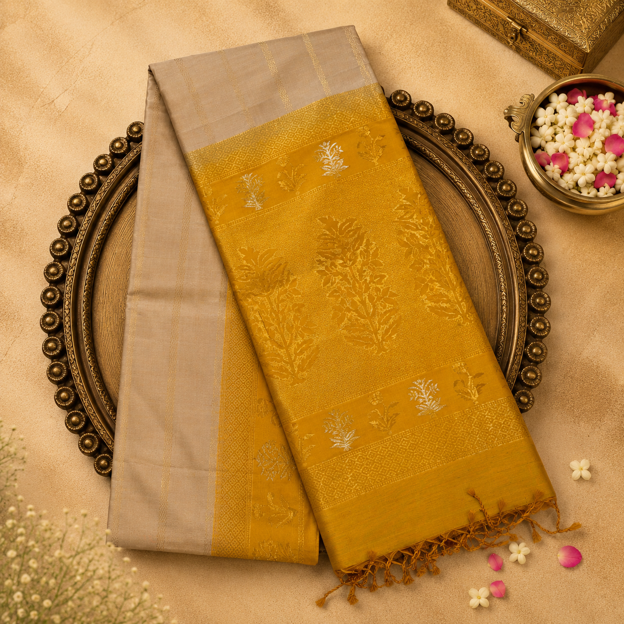 Cream Pure Soft Silk Saree with Gold Zari Work, Yellow-Gold Border, Pallu & Yellow Blouse