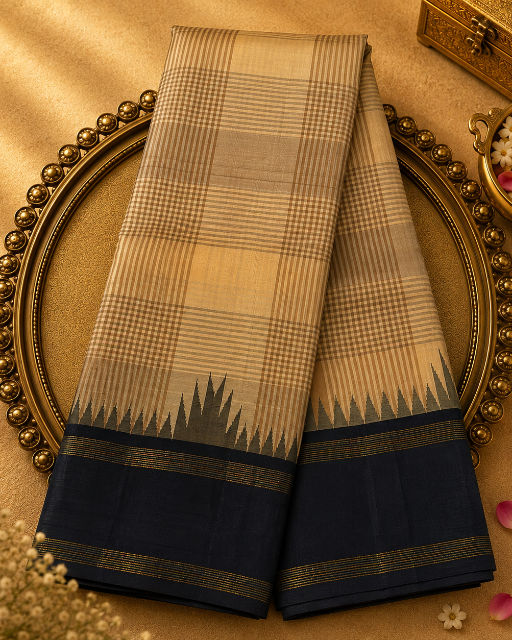 Cream Pure Kanjeevaram Silk Saree with Gold Zari Checks & Black-Gold Border