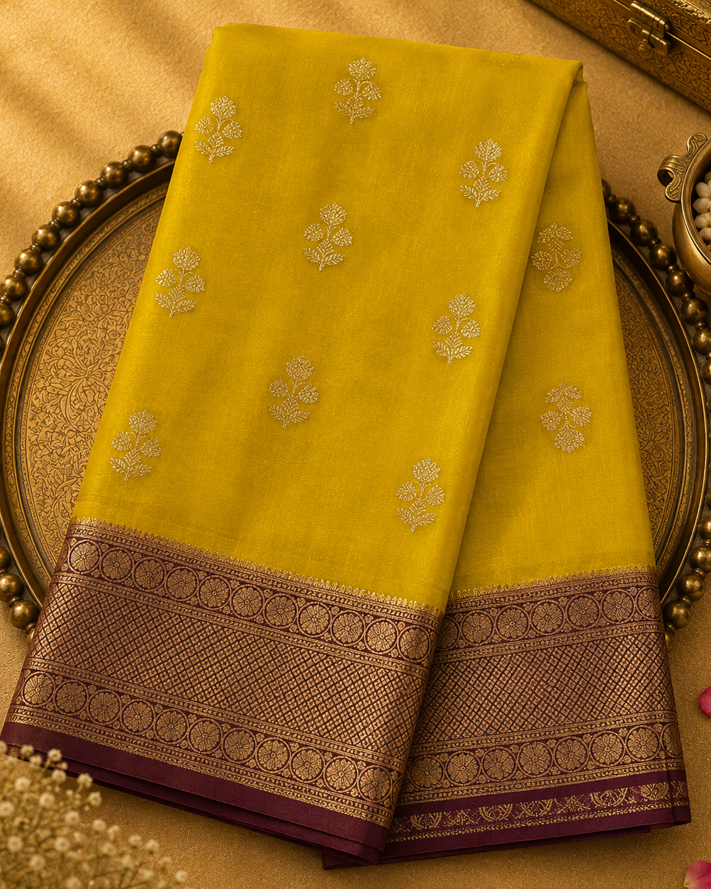 Bright Yellow Mysore Silk Saree with Gold Zari Motifs & Maroon-Gold Border