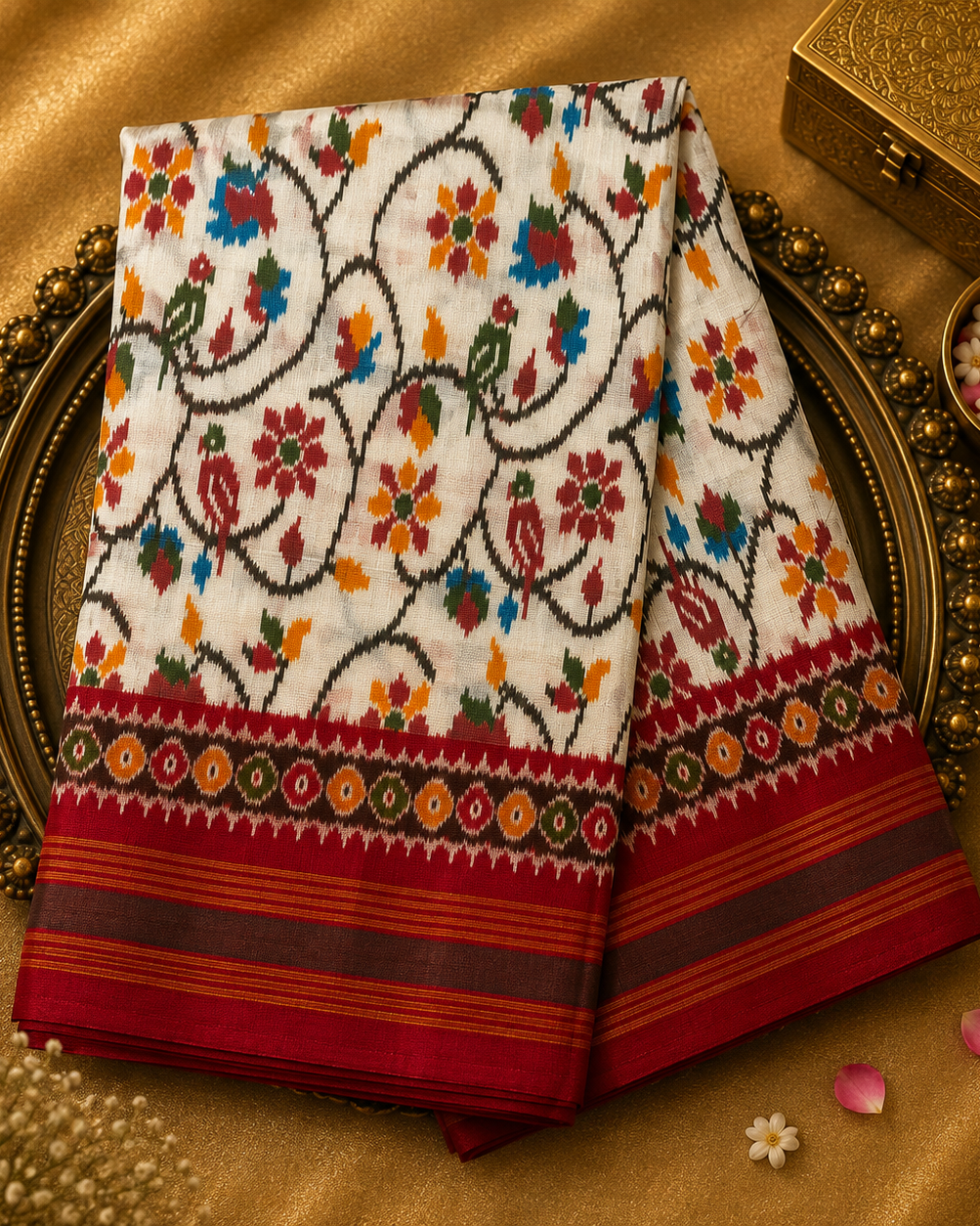 White Pure Ikat Silk Saree with Red Border & Red Ikat Blouse