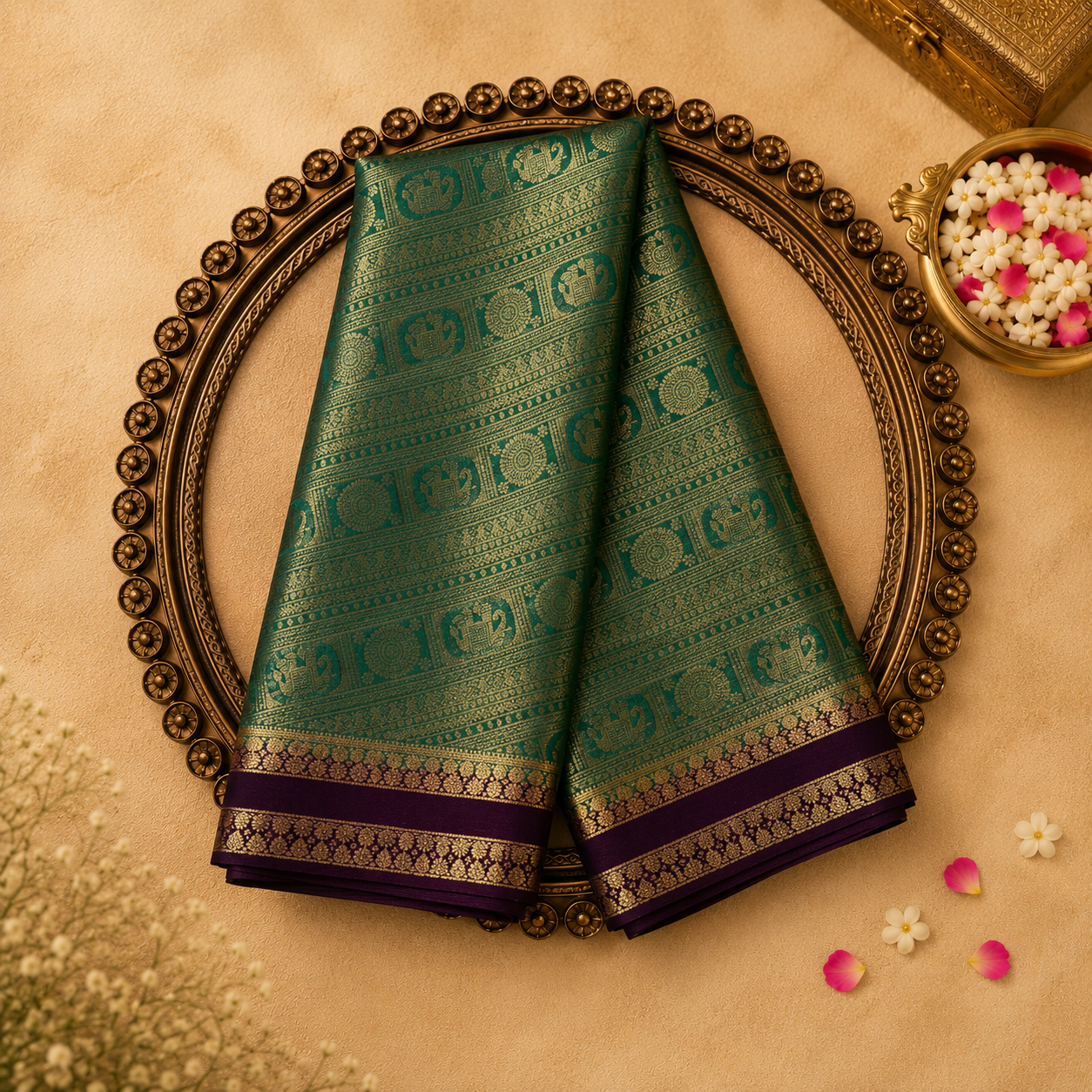 Green Semi Crepe Silk Saree with Gold Zari Weave, Purple-Gold Border & Purple Blouse