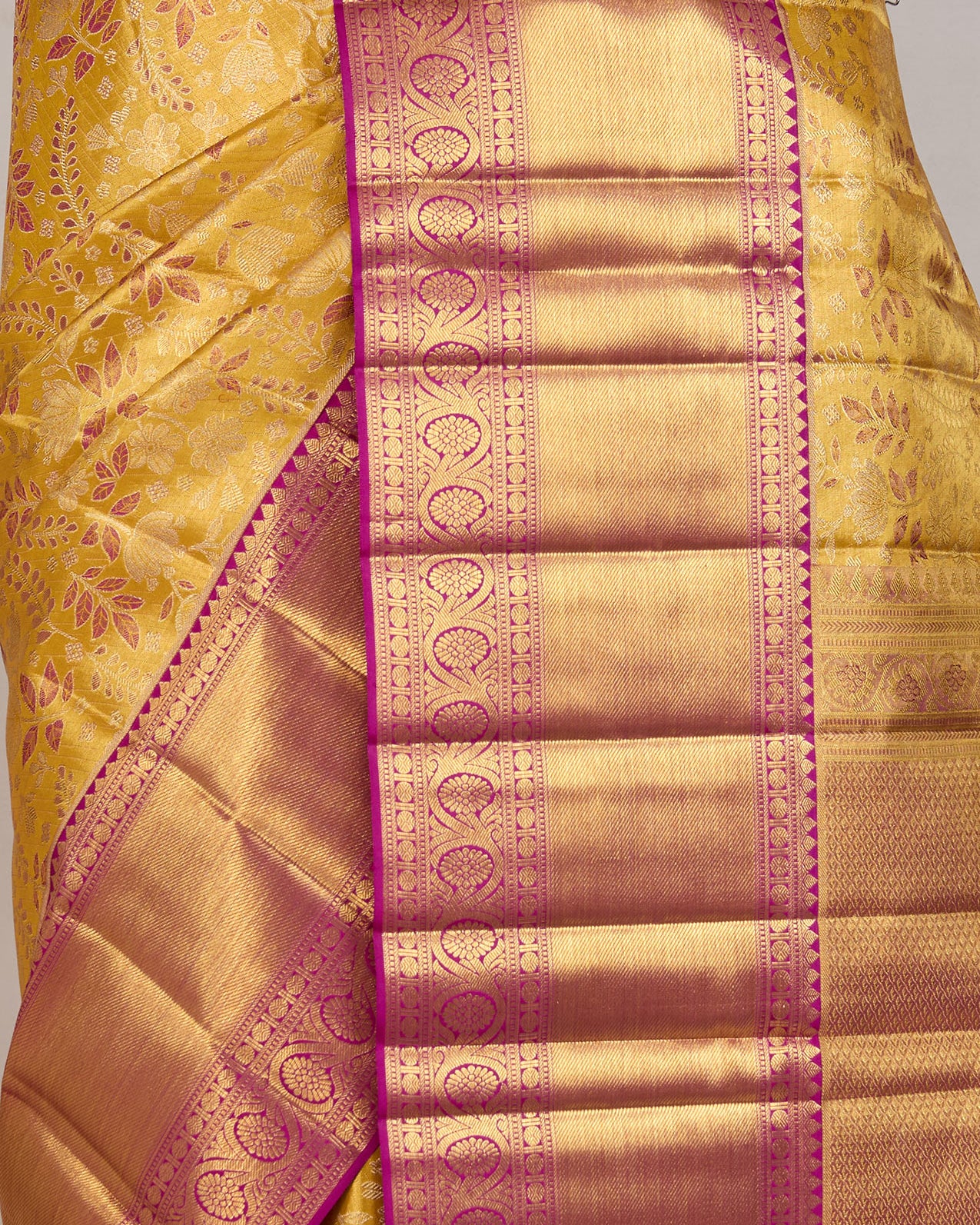 Golden Yellow Pure Kanjivaram Tissue Silk Saree - fabric detail