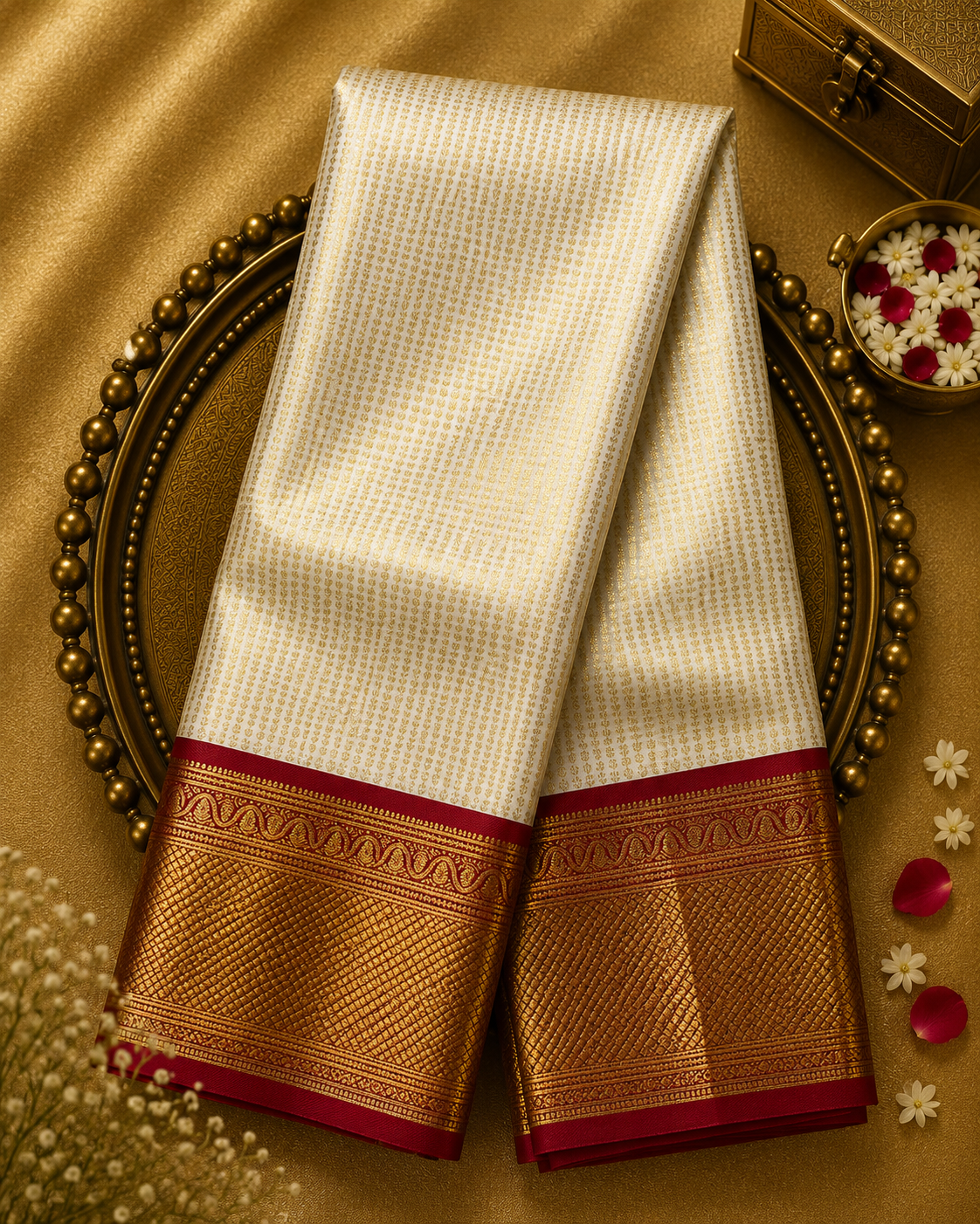 Pure White Kanjeevaram Silk Saree with Gold Zari & Maroon-Gold Border