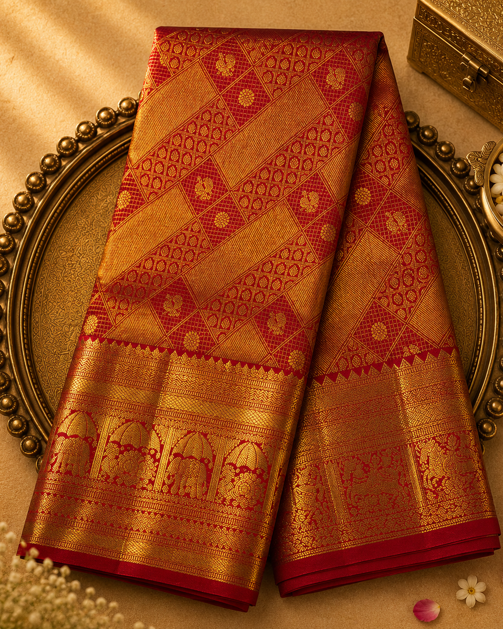 Bright Red Pure Kanjeevaram Silk Saree with Gold Zari & Elephant-Peacock Border