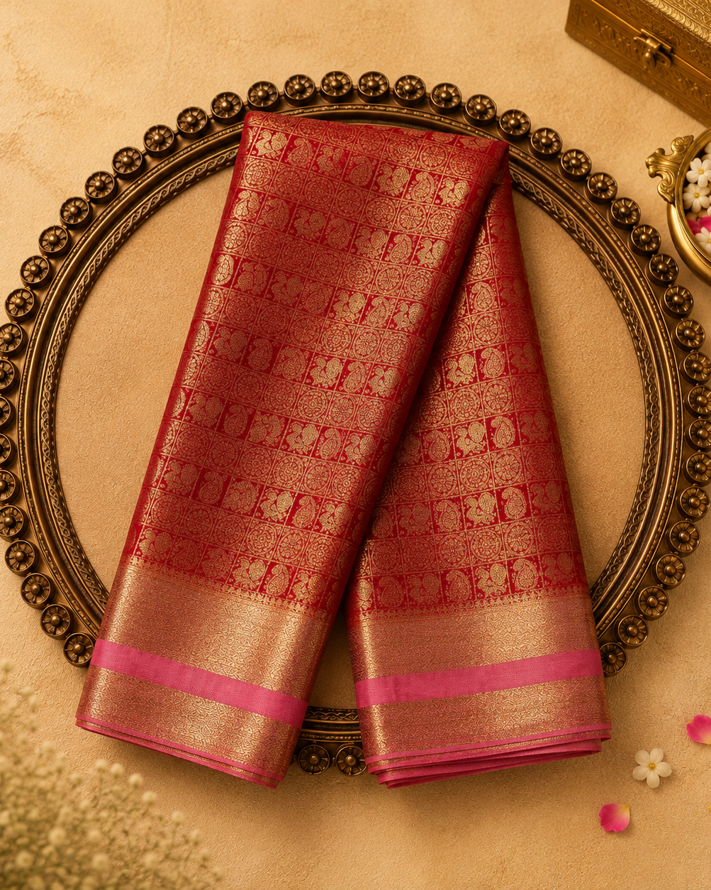 Red Semi Crepe Silk Saree with Gold Zari Motifs, Baby Pink-Gold Border & Pink Blouse