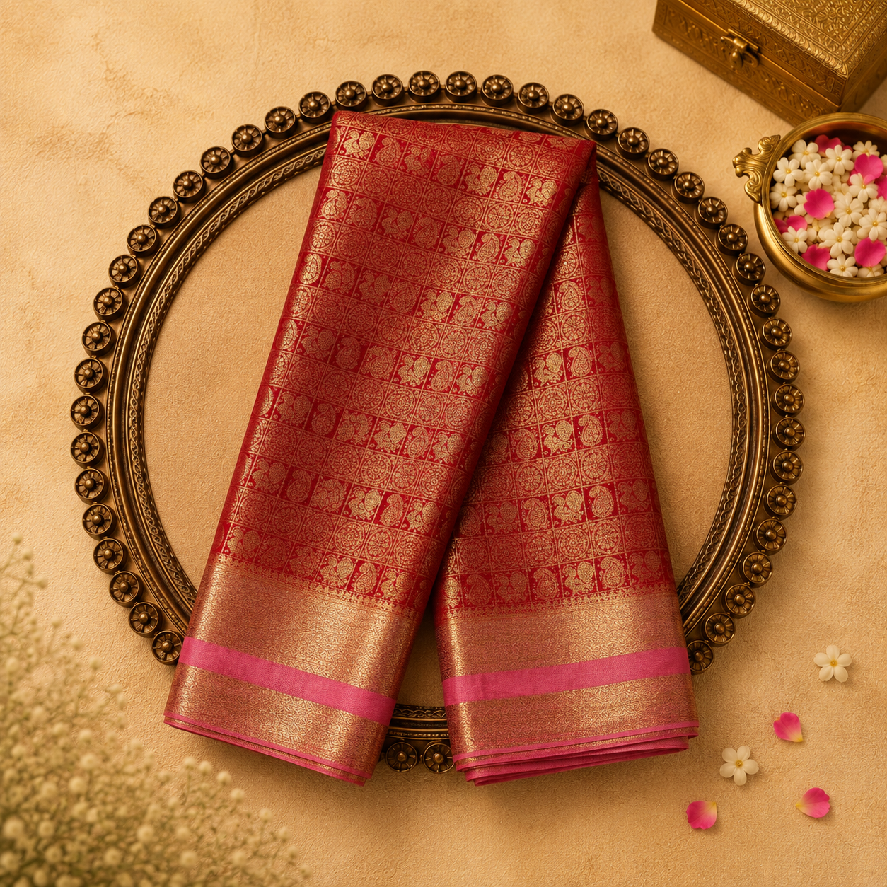 Red Semi Crepe Silk Saree with Gold Zari Motifs, Baby Pink-Gold Border & Pink Blouse