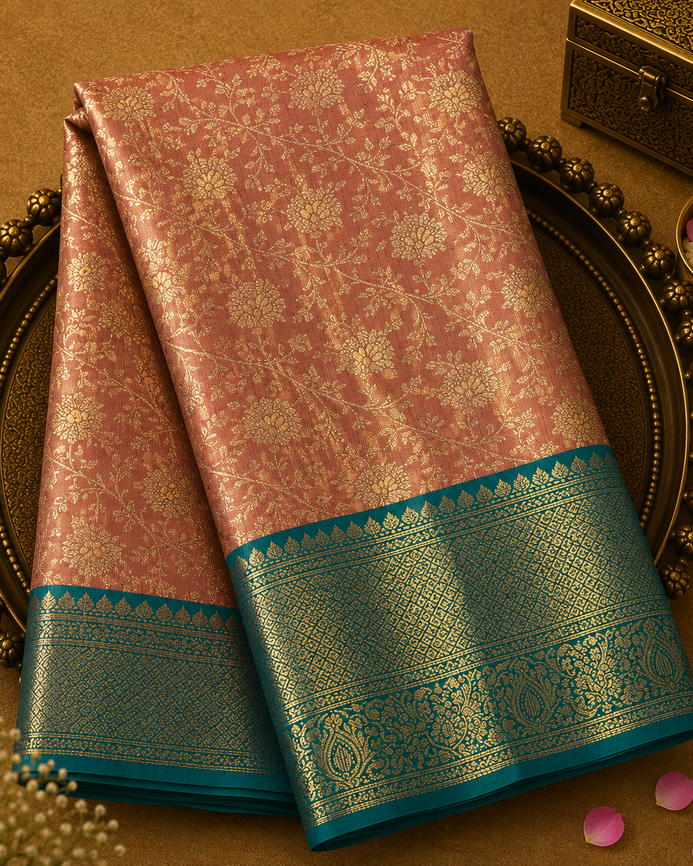 Peach Kanjeevaram Tissue Silk Saree with Floral Zari & Green-Gold Border