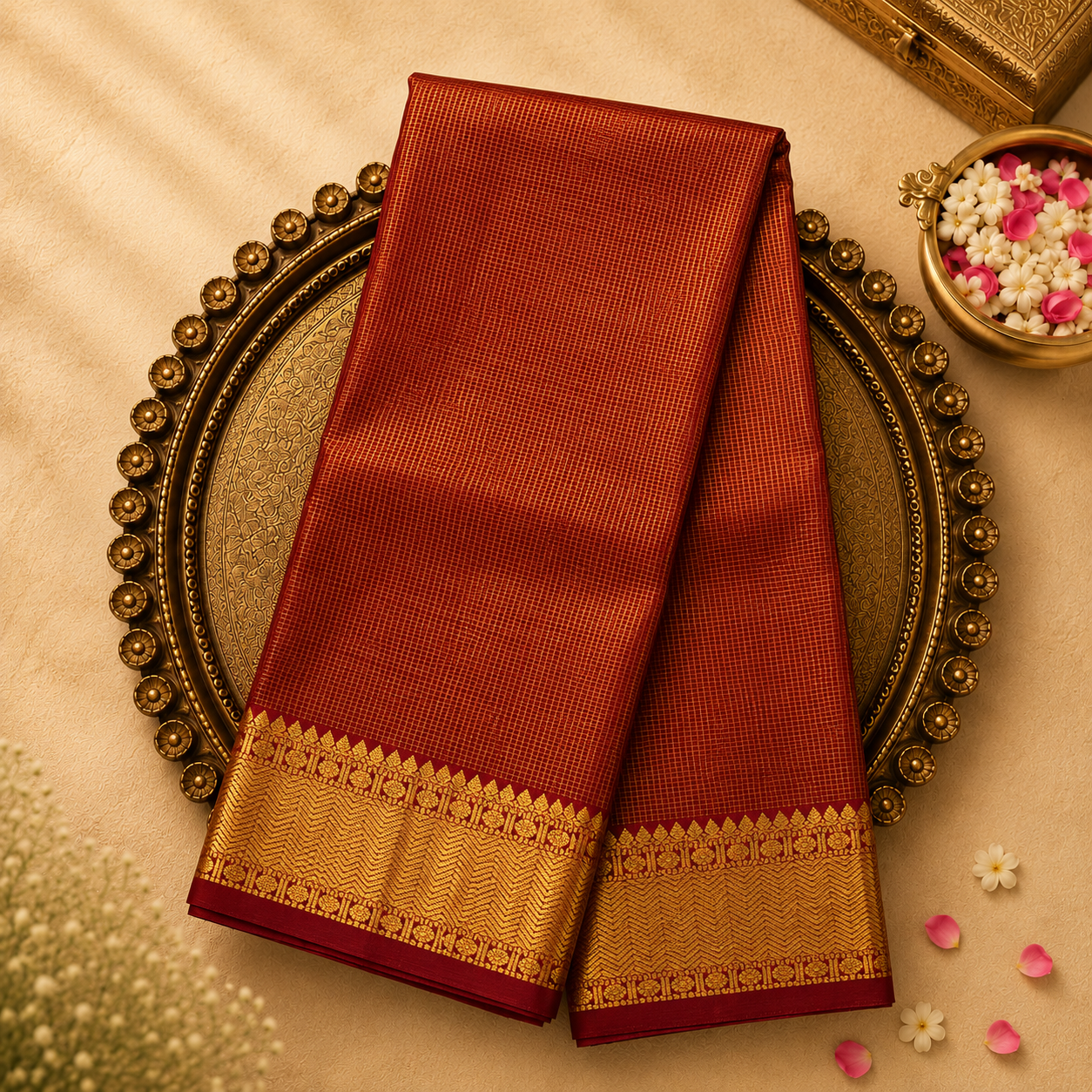 Red Silk Saree with Gold Zari Checks & Gold Border