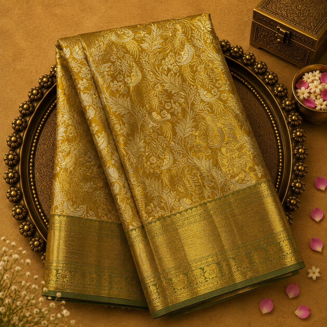 Golden Yellow Kanjeevaram Tissue Silk Saree with Zari Weave, Green-Gold Border & Green Blouse