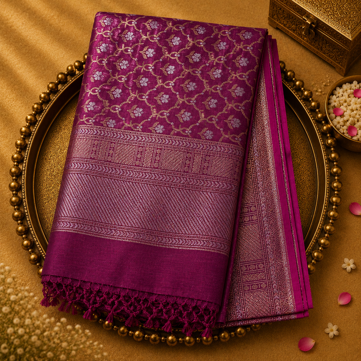 Dark Magenta Pink Organza Saree with Gold Zari Weave & Red-Gold Border