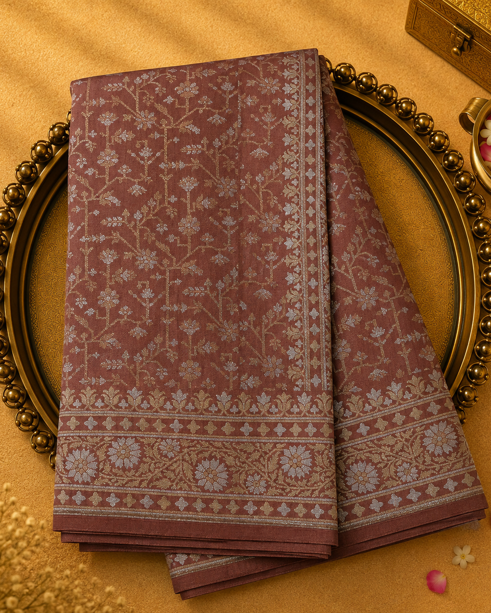 Dusky Peach Semi Banarasi Silk Saree with Floral Zari Work & Floral Border