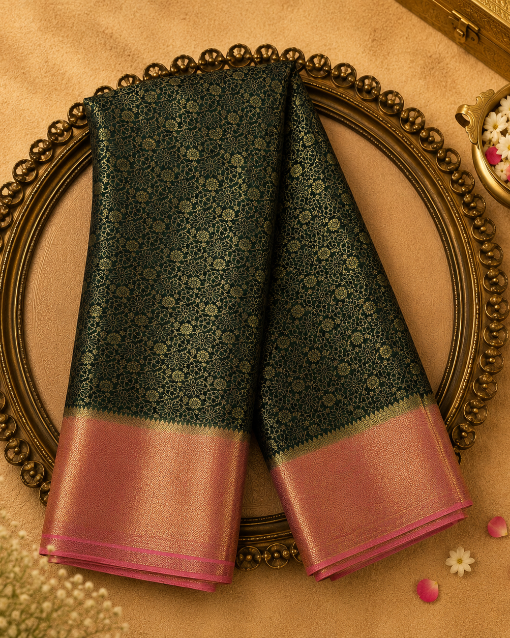 Dark Green Semi Crepe Silk Saree with Gold Zari Work, Pink-Gold Border & Pink Blouse