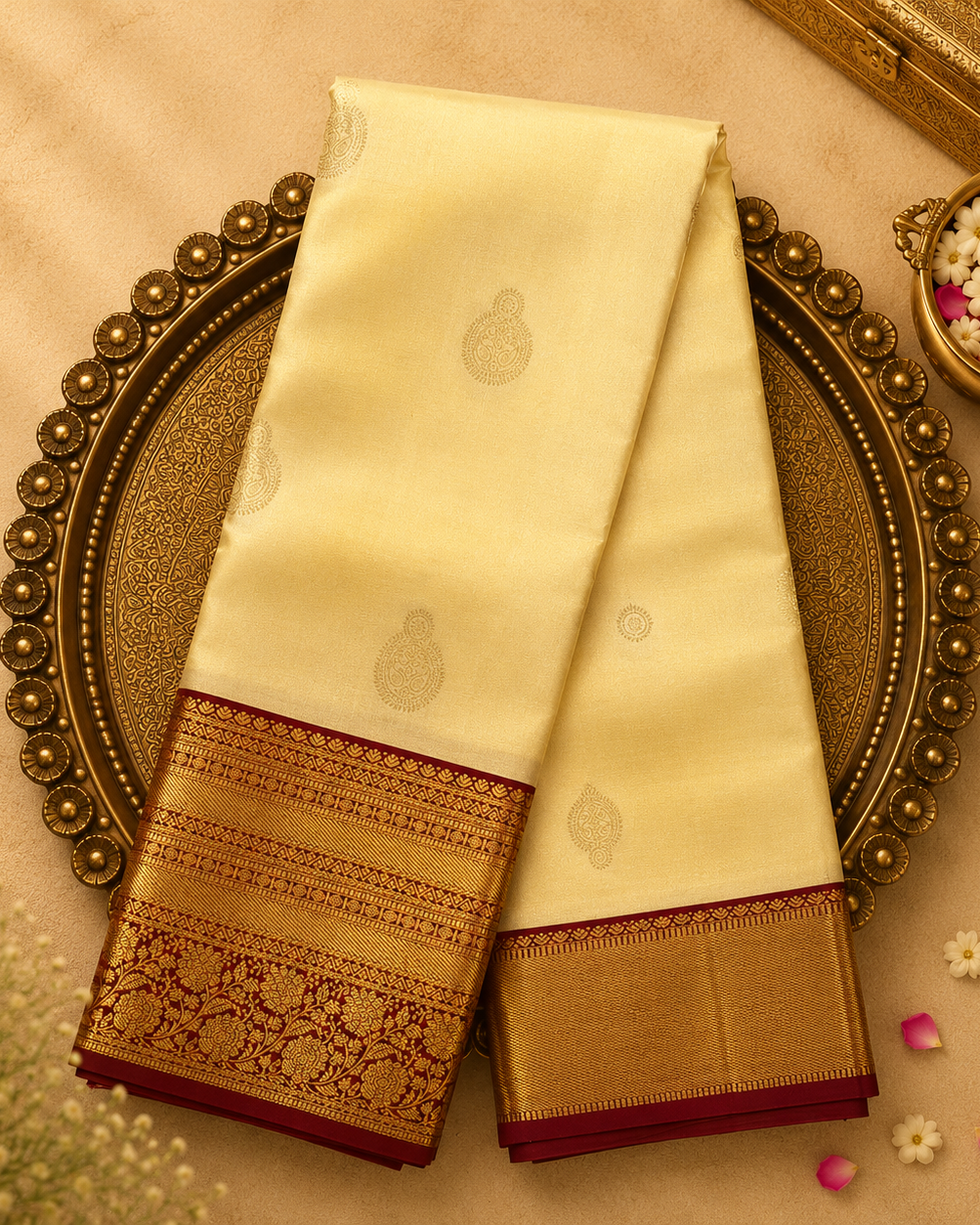 Half White Silk Saree with Gold Zari Buttas & Red-Gold Border