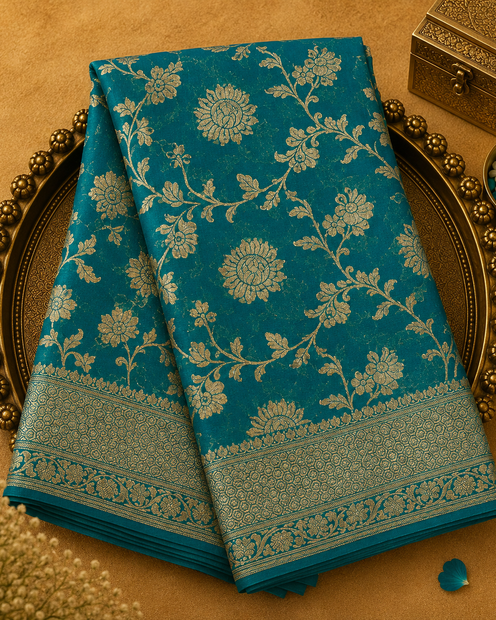 Teal Green Banarasi Georgette Saree with Floral Zari, Gold Border & Teal Blouse