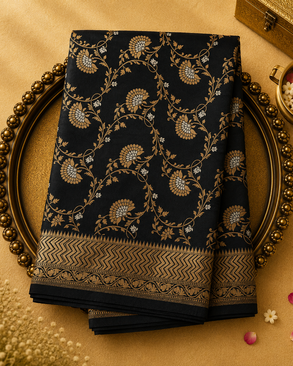 Black Banarasi Silk Saree with Gold Zari Work & Gold Border