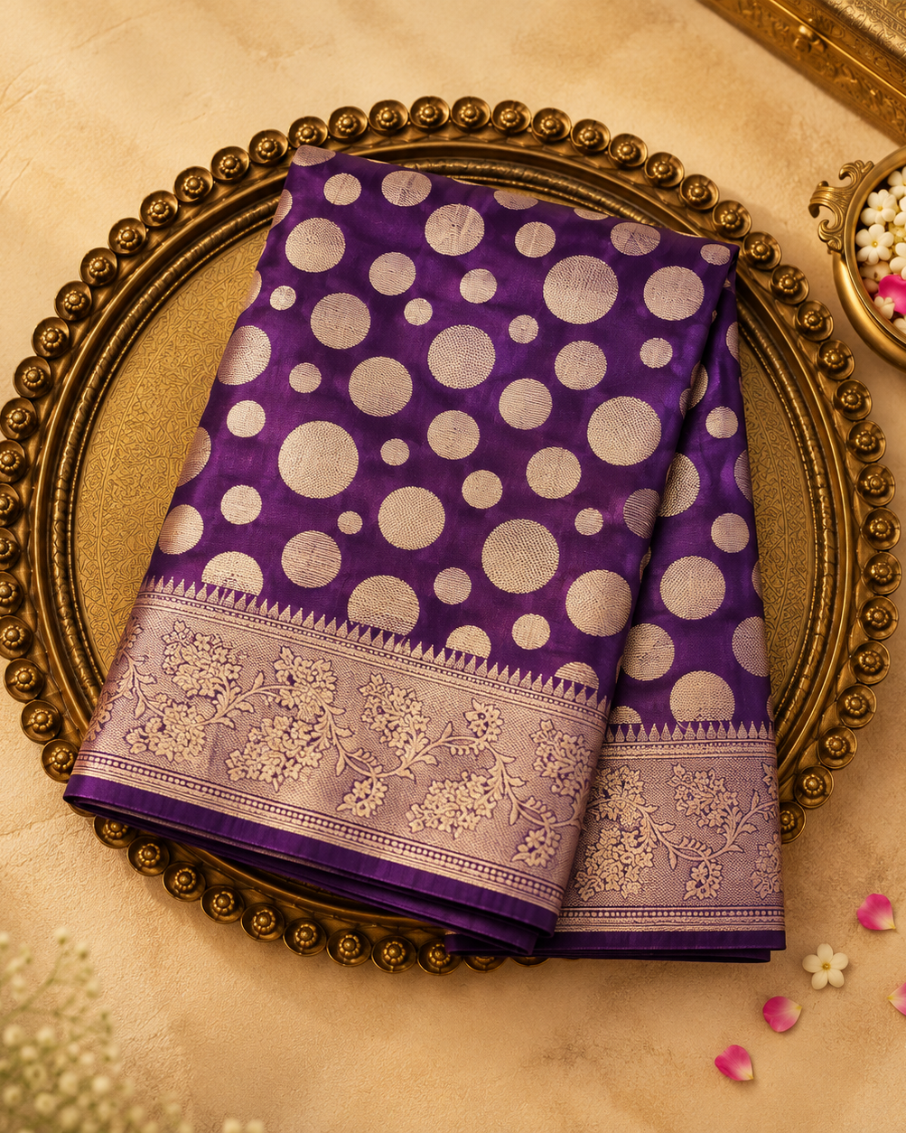 Dark Purple Soft Silk Saree with Gold Zari Dots & Floral Border