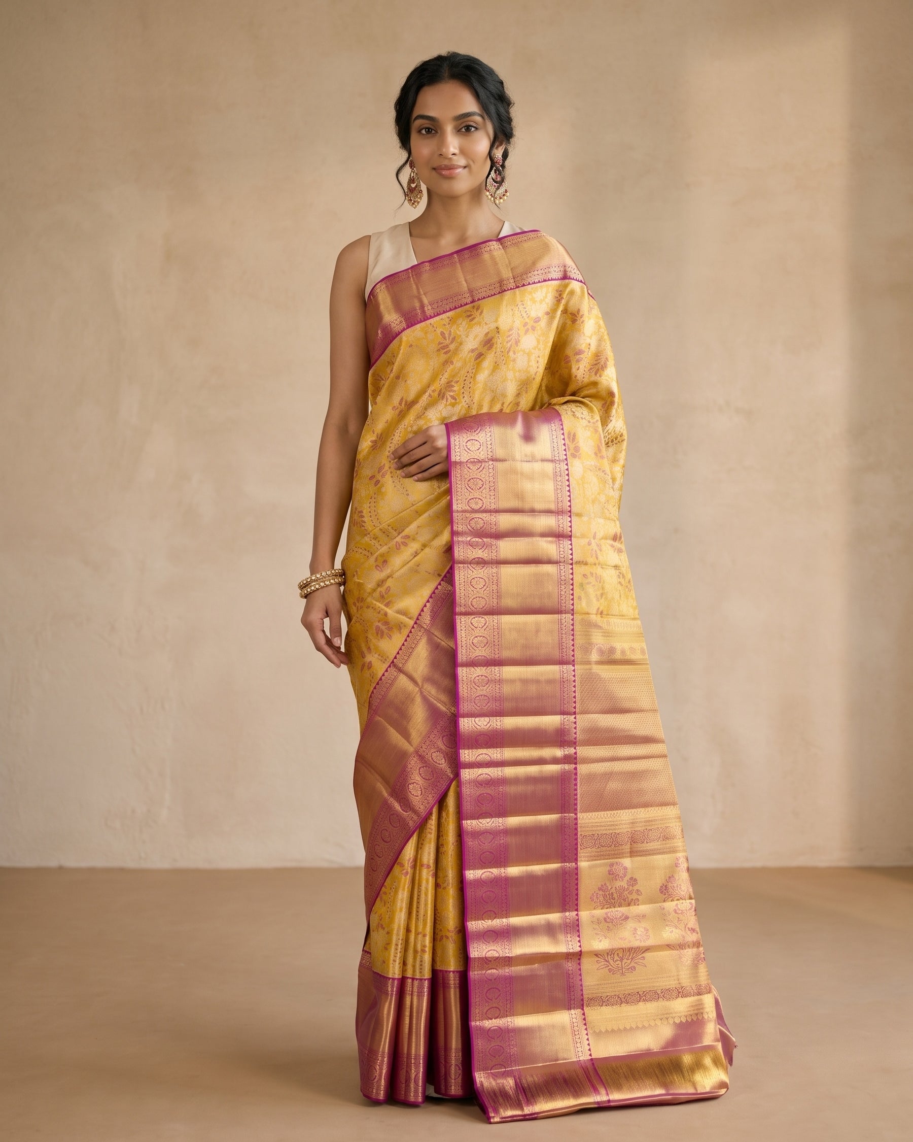 Golden Yellow Pure Kanjivaram Tissue Silk Saree - front pose