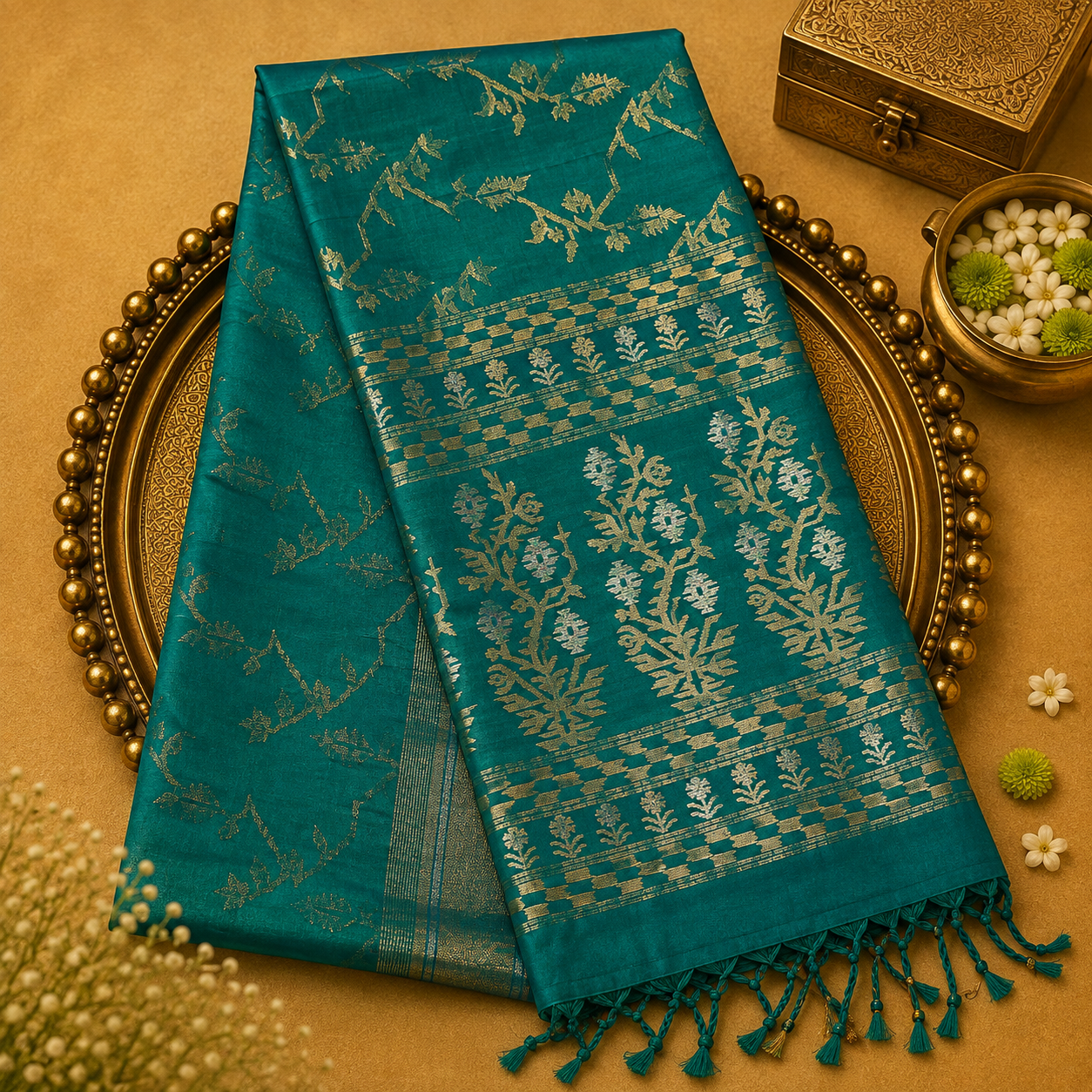 Teal Green Pure Soft Silk Saree with Zari Weave & Gold Border
