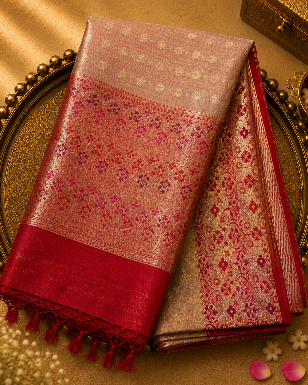 Red Tussar Silk Saree with Gold Zari Brocade