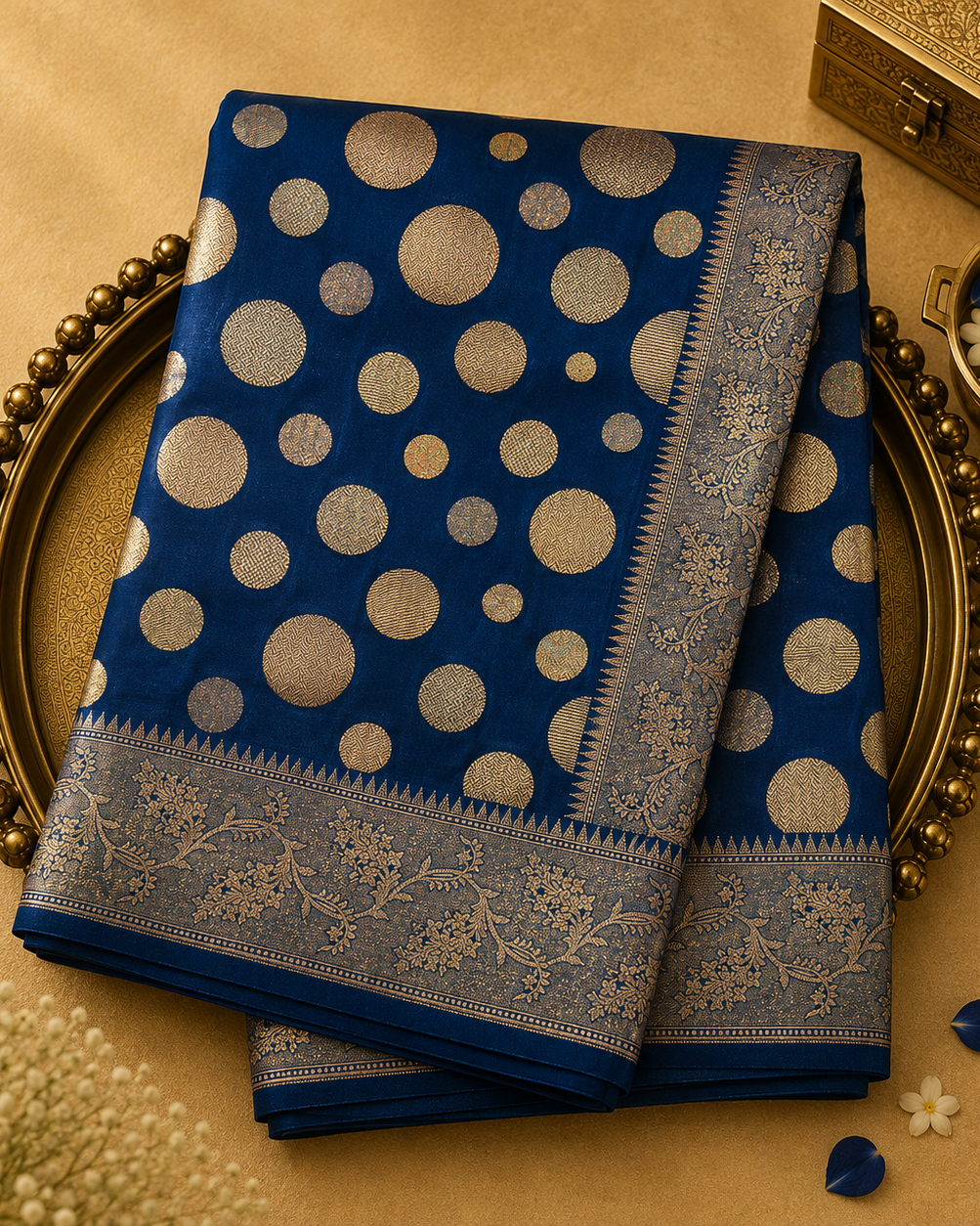 Dark Royal Blue Banarasi Silk Saree with Gold Zari Dots & Zari Border