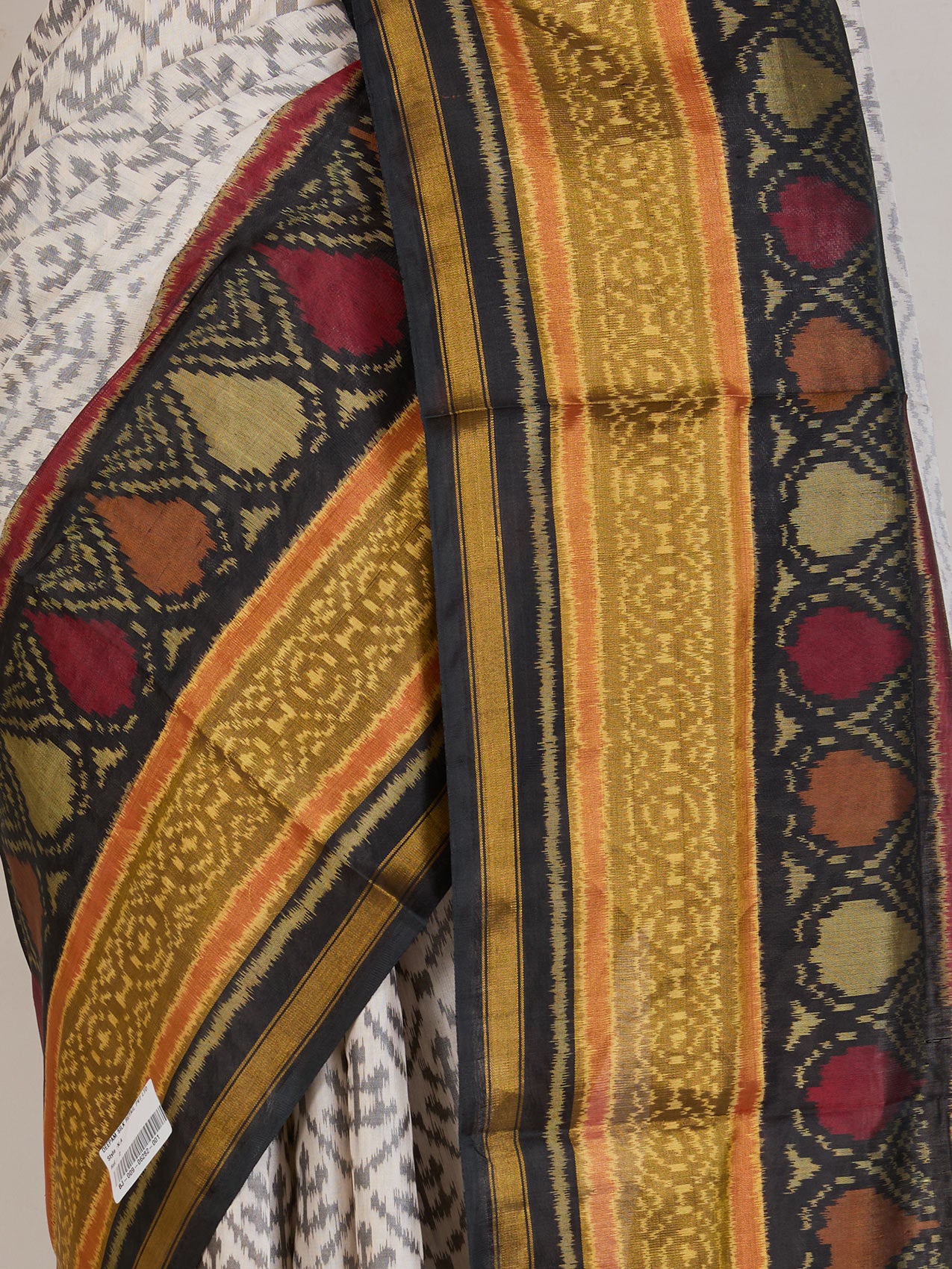 White Ikat Silk Saree - fabric detail