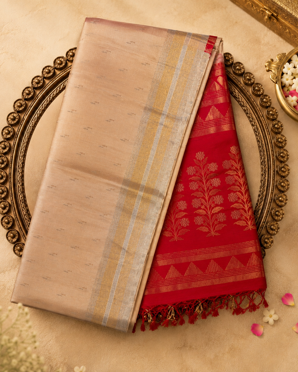 Beige Pure Soft Silk Saree with Gold Zari, Red Pallu & Blouse