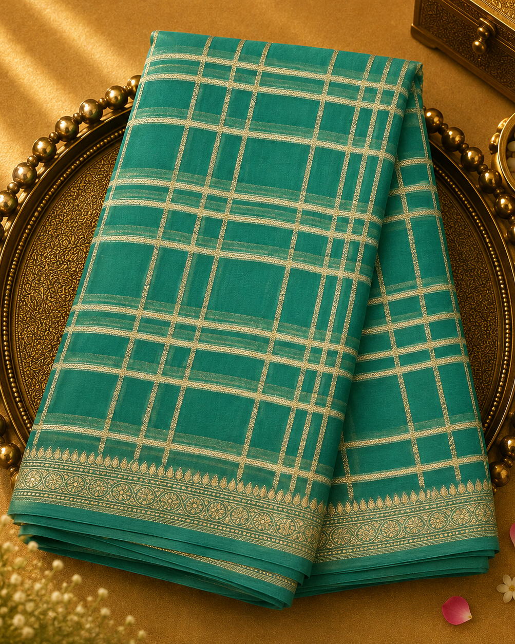 Light Teal Green Banarasi Silk Saree with Gold Checks & Zari Border