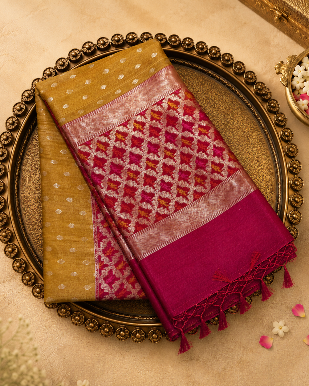 Mustard Yellow Tussar Silk Saree with Gold Buttas, Red Border & Pallu