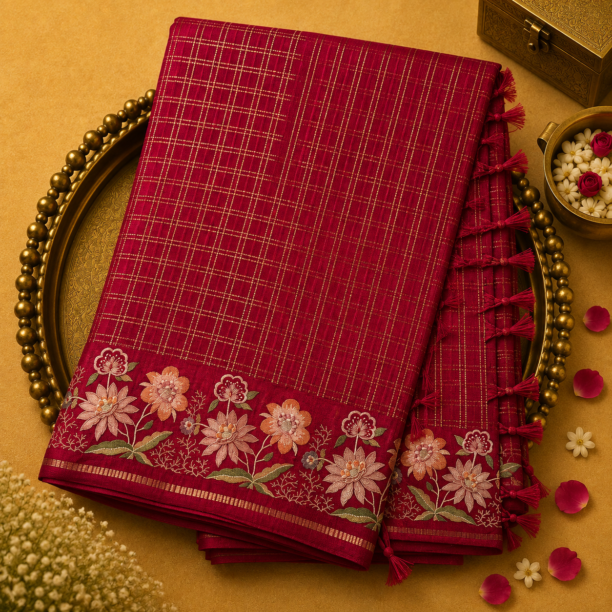 Bright Pink Tussar Silk Saree with Zari Checks & Floral Embroidery Border