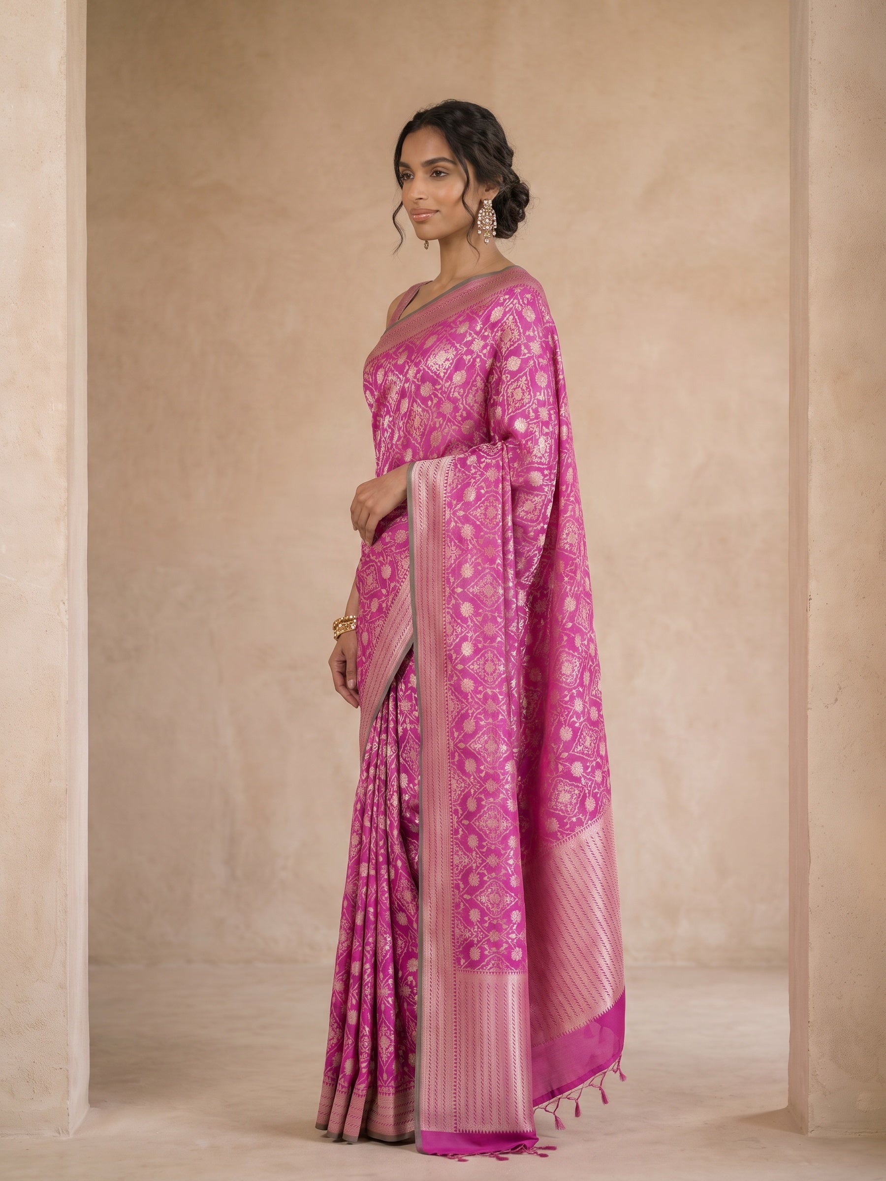 Magenta Pink Pure Kanjivaram Silk Saree - side standing