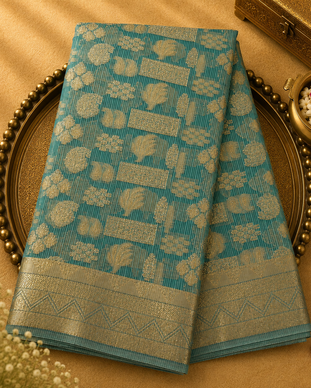 Blue Semi Kotta Silk Saree with Gold Zari Motifs & Zari Border