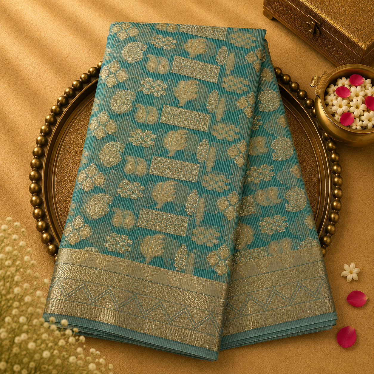 Blue Semi Kotta Silk Saree with Gold Zari Motifs & Zari Border