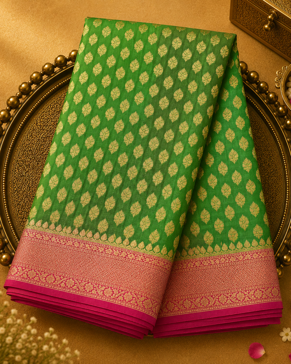 Green Banarasi Silk Saree with Gold Zari Buttas & Pink-Gold Border