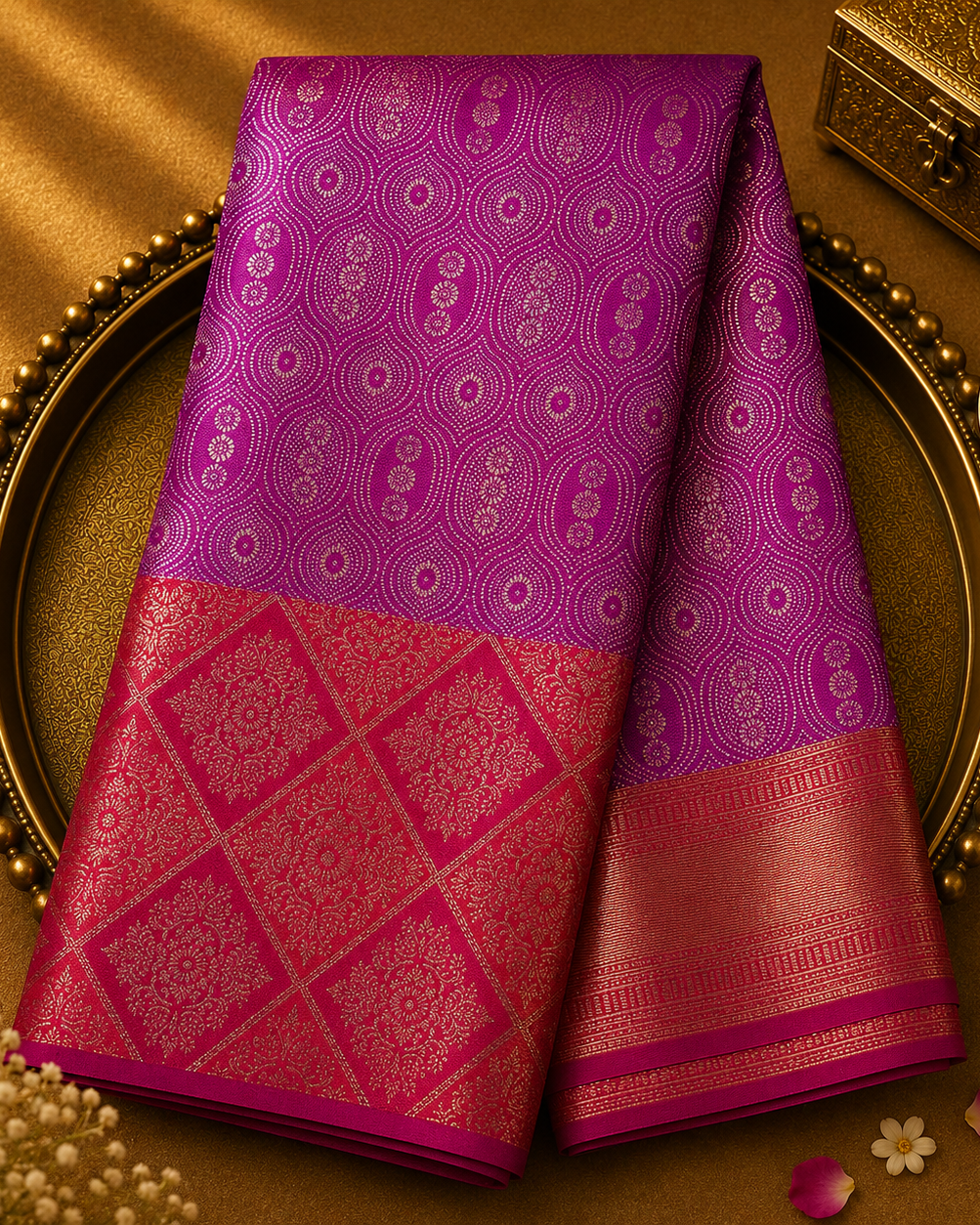 Royal Purple Pure Kanjeevaram Silk Saree with Gold Zari & Orange-Pink Border