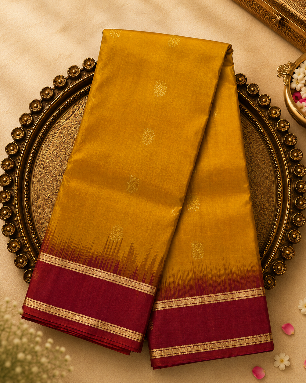 Yellow Silk Saree with Gold Zari Buttas & Red Border
