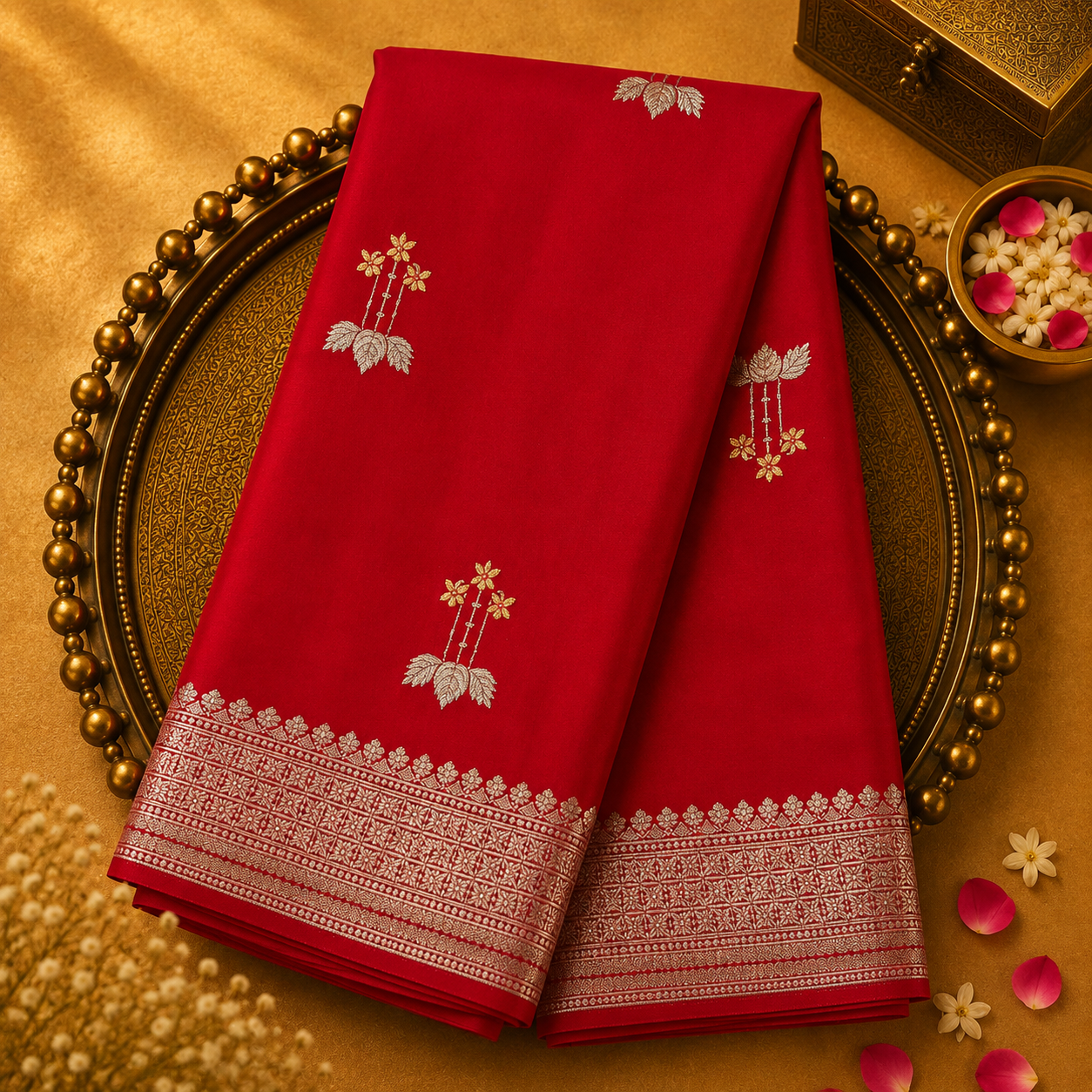 Bright Red Banarasi Silk Saree with Gold Zari Motifs & Gold Border